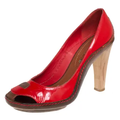 Celine Red/Brown Leather and Patent Leather Pick Toe Pumps Size