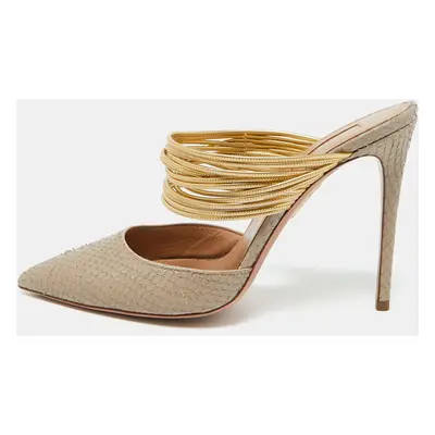 Aquazzura Beige/Gold Snakeskin Embossed Leather Rendez Vous Mules Size 38.5