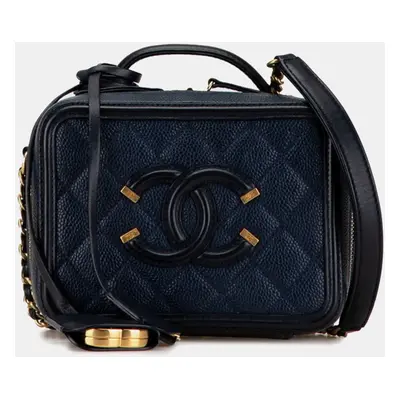 Chanel Navy Black Caviar Skin Matelasse Cc Filigree Chain Shoulder Bag