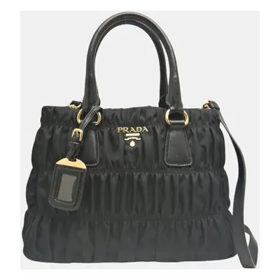 Prada Nero Gathered Tessuto X Leather Handbag