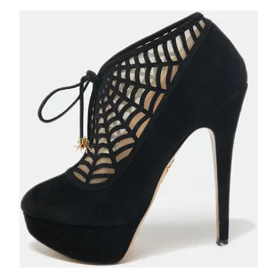 Charlotte Olympia Black Suede and Mesh Minerva Web Ankle Booties Size