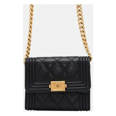 Chanel Black Caviar Leather Boy Wallet On Chain