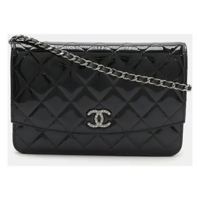 Chanel Enamel Leather Black Brilliant Matelasse Chain Wallet