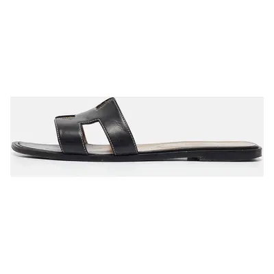 Hermes Black Leather Oran Flat Slides Size 40.5