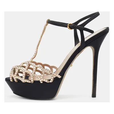 Sergio Rossi Black/Beige Satin And Suede Crystal Embellished Strappy Scalloped Platform Sandals 