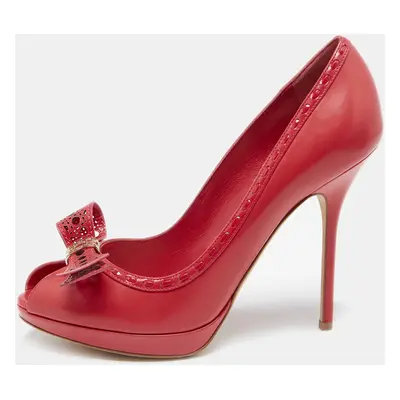 Dior Imperial Red Cannage Leather Peep Toe Bow Detail Platform Pumps Size 40.5