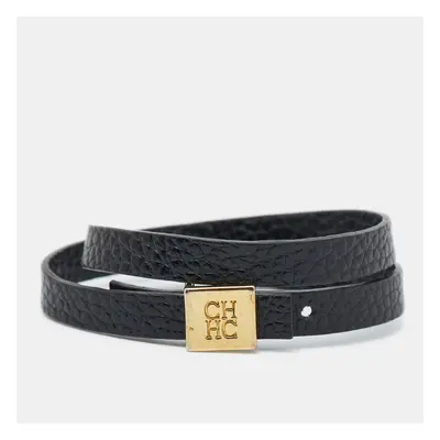 Carolina Herrera CH Black Leather Gold Tone Wrap Bracelet