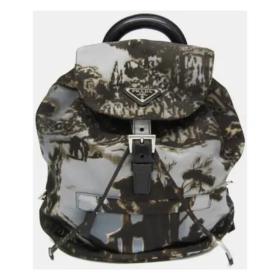 Prada Gray Khaki Brown Nylon Landscape Painting Backpack