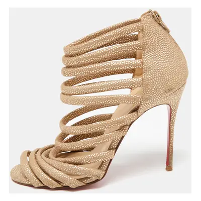 Christian Louboutin Gold/Brown Textured Suede Open-Toe Strappy Sandals Size