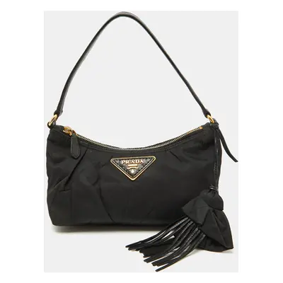 Prada Black Nylon and Leather Tassel Triangle Logo Shoulder Bag