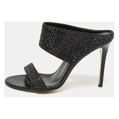 Le Silla Black Suede and Snakeskin Embossed Crystals Embellished Sandals Size