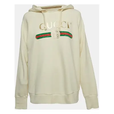 Gucci Cream Logo Print Embroidered Cotton Knit Hoodie