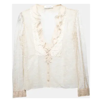 Valentino Beige Lace Ruffle Detail Button Front Long Sleeve Blouse