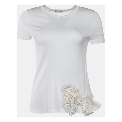 RED Valentino White Modal Lace Bow Detail Crew Neck Top