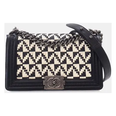 Chanel Black White Calf Leather Medium Bicolor Woven Calfskin Boy Flap Bag