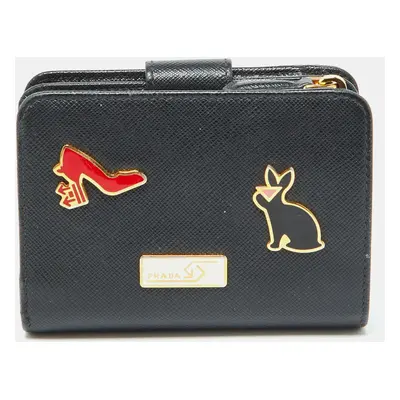 Prada Black Saffiano Leather Rabbit Charm Embellished Compact Wallet