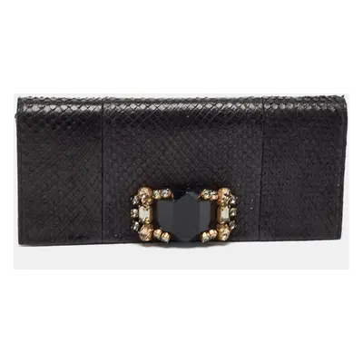 Gucci Black Snakeskin Crystals Embellished Flap Clutch