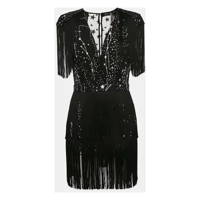 Elisabetta Franchi Black Star Print Crepe Fringed Mini Dress