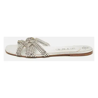 Gina Silver Leather Crystal Embellished Flat Sandals Size 41.5