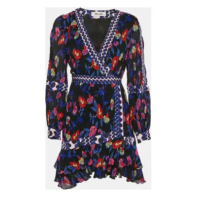 Diane Von Furstenberg Black Floral Print Textured Crepe Wrap Mini Dress