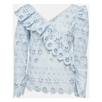 Self-Portrait Blue Schiffli Lace Ruffled Broderie Anglaise Top