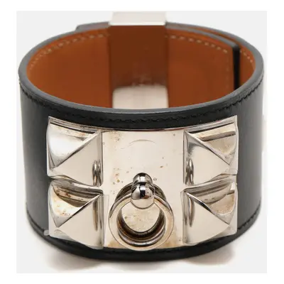 Hermes Black Leather Collier De Chien Palladium Plated Wide Bracelet