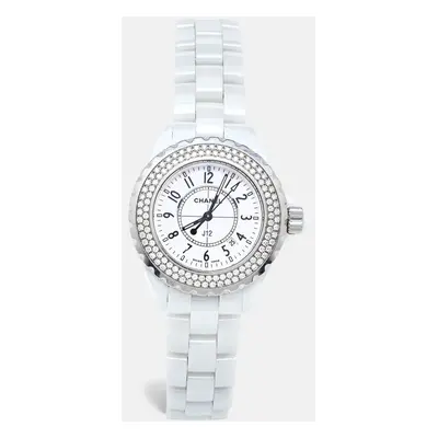 Chanel White Ceramic Stainless Steel Diamond J12 H0967 Women's Wristwatch