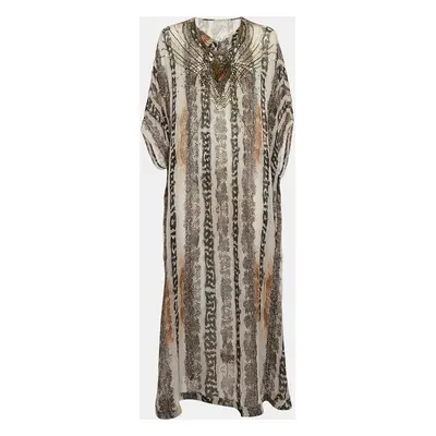 Diane von Furstenberg Grey Printed Silk Clare Beaded Sheer Maxi Kaftan