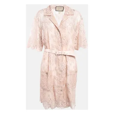 Gucci Pink Floral Lace Belted Shirt Dress