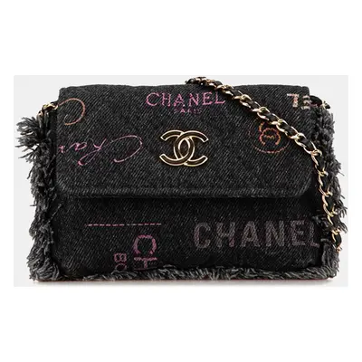 Chanel Black Canvas Denim Leather Mini Matelasse Logo Chain Bag