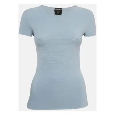 Giorgio Armani Blue Stripe Textured Jersey Short Sleeve Top