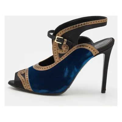 Etro Tri-Color Satin, Leather And Velvet Peep Toe Sandals Size