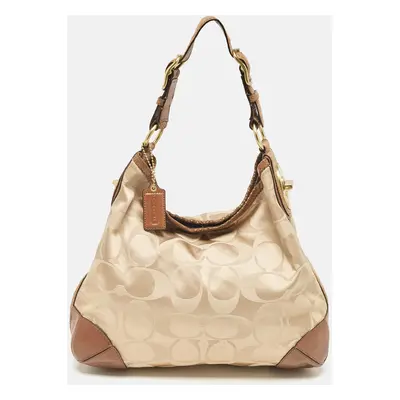 Coach Brown/Beige Signature Fabric and Snakeskin Effect Peyton Hobo