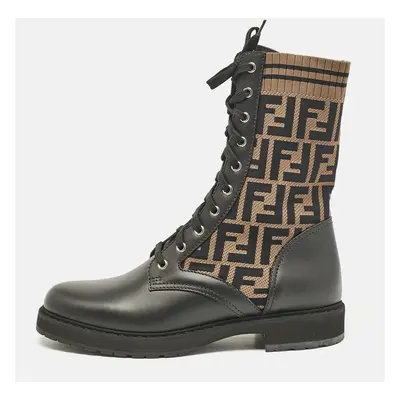 Fendi Black/Brown Fabric and Leather Rockoko Combat Boots Size