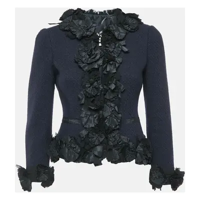 Moschino Navy Blue Textured Wool Ruffle Detail Blazer