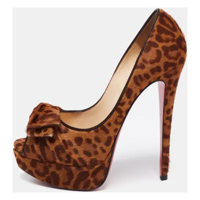 Christian Louboutin Brown/Tan Leopard Print Calf Hair Bow Lady Peep-Toe Platform Pumps Size