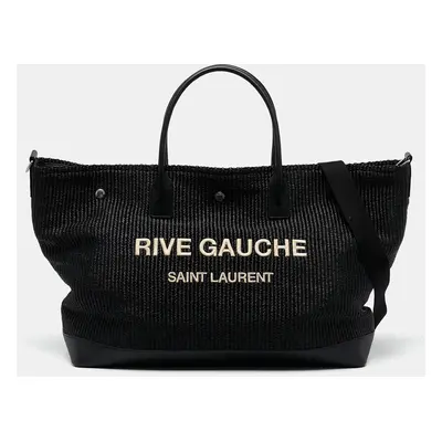 Saint Laurent Black Raffia Rive Gauche Logo Oversized Tote