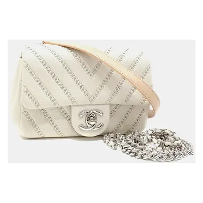 Chanel White Leather Studs Coco Mark V Stitch Shoulder Bag