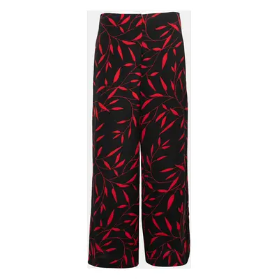 Diane Von Furstenberg Black & Red Printed Stretch Crepe Wide Leg Trousers