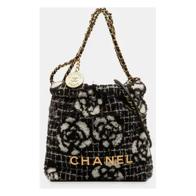 Chanel Black Cotton Camellia Logo Gold Chain Tote Shoulder Bag