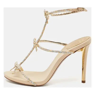 René Caovilla Beige Leather and Crystal Caterina Sandals Size