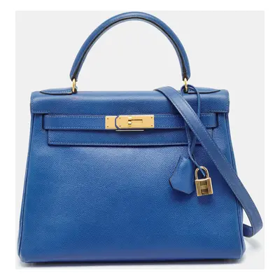 Hermes Bleu Courchevel Leather Gold Finish Kelly Retourne Bag