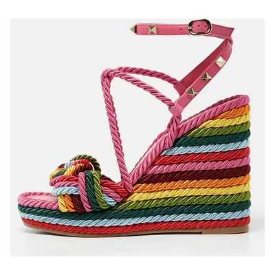 Valentino Multicolor Woven Fabric Rockstud Rainbow Wedge Sandals Size