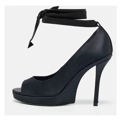 Saint Laurent Navy Blue Satin Open Toe Ankle Wrap Platform Pumps Size