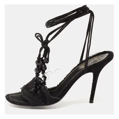 René Caovilla Black Suede and Lace Embellished Ankle Tie Sandals Size 38.5