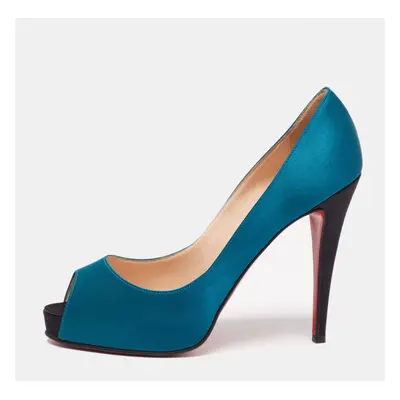 Christian Louboutin Blue/Black Satin Very Prive Peep Toe Platform Pumps Size