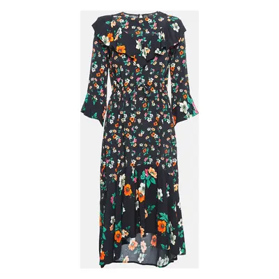 Maje Black Floral Print Crepe Ruffled Midi Dress