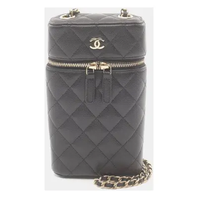 Chanel Caviar Skin (Grained Calf) Black Matelasse Phone Holder Shoulder Bag