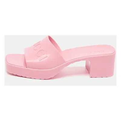 Gucci Pink Rubber Logo Embossed Platform Slide Sandals Size