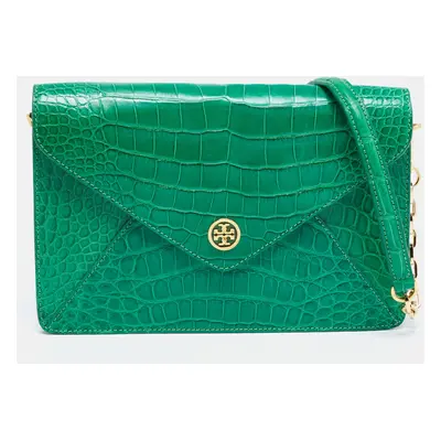 Tory Burch Green Alligator Robinson Envelope Flap Clutch Bag